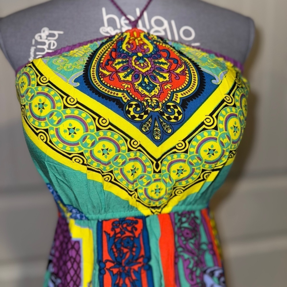 💰Flying Tomato Halter Dress Y2K Multicolor Aztec Rayon Lightweight Size M - Picture 4 of 6